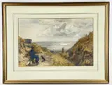 Fisherman on a beach looking to by Samuel William Oscroft, 1884, watercolour, offered Jul 2022