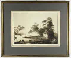 BARONET (1781-1845) pen and ink - River Landscape in India, with boats, figures, by Sir Charles D'Oyly, 7th Baronet, ink, sold Jul 2022