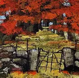 Colour print - autumnal woodland with old iron gate by Stephen John Owen limited edition, print, sold Jul 2022