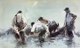 Colour print - four fishermen hauling net by William Selwyn limited edition, print, offered Jul 2022