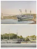 Anglesey artist, watercolour - HMS Conwy with Menai Suspension Bridge to the by Ieuan Williams, watercolour, sold Jun 2022