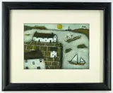 acrylic on card - 'Two Boats at the Bay', inscribed on Attic Gallery label verso, 12 x by Sue Morgan, acrylic on card, sold Jun 2022