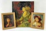 oil on board - portrait of a girl in a red floral bonnet, and a companion, signed, by E. Valero, oil on board, sold Jun 2022