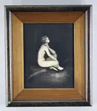 oil on board - Untitled V, seated nude in a dark space, signed with by Kitty Blandy, oil on board, sold Jun 2022