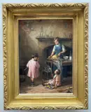 R.C.A. (1829-1896) oil on canvas - Kitchen interior with children feeding a by Samuel Sidley, oil on canvas, sold Jun 2022