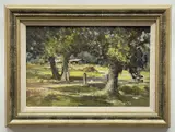 oil on board - Trees with farm in the distance, signed, 24 x 36.5cm by John Neals, oil on board, sold Apr 2022