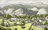 acrylic on canvas - church and nearby village in Snowdonia, entitled verso 'Llan by Alan Williams, acrylic on canvas, sold Apr 2022