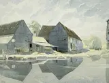 A farmyard beside a pond by Morgan Rendle, 1954, watercolour, sold Apr 2022