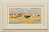 OCEAN FRONT MORNING IV' fishing boats at low tide by Helios Gisbert, acrylic on board, sold Jan 2020