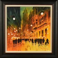 'Malaga Shower, Spain', figures on a rainy evening, by Peter J. Rodgers, watercolour on paper, sold Jan 2020