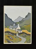 'Welsh Farmhouse', a Welsh landscape, attribution and title label by David Barnes, acrylic on canvas, sold Dec 2019