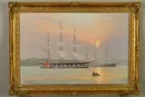 Sailing ships at anchor at sunrise, signed and dated (19)84 lower by Rodney Charman, acrylic on canvas, sold Dec 2019
