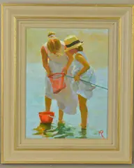 'Two Girls', two female figures with a fishing net at the beach, by Mark Rowbotham, acrylic on board, sold Dec 2019