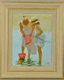 'Two Girls', two female figures with a fishing net at the beach, by Mark Rowbotham, acrylic on board, sold Dec 2019