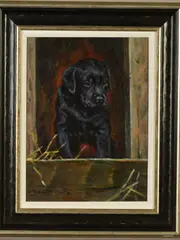 a portrait study of a black Labrador puppy, signed lower left, by John Trickett, acrylic on canvas, sold Dec 2019