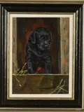 a portrait study of a black Labrador puppy, signed lower left, by John Trickett, acrylic on canvas, sold Dec 2019