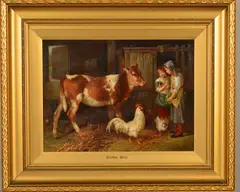 Feeding Time, two girls in a barn interior with a calf and poultry, one girl holds a terrier puppy in her arms, the other with her apron full of green leaves by Reuben Hunt, oil on panel, sold Dec 2019