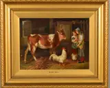 Feeding Time, two girls in a barn interior with a calf and poultry, one girl holds a terrier puppy in her arms, the other with her apron full of green leaves by Reuben Hunt, oil on panel, sold Dec 2019