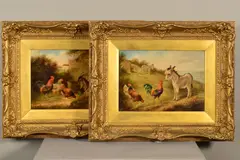Farmyard Friends, a pair, one with two donkeys and poultry on a coastal path with boats out at sea, the other with a recumbant goat and poultry by Reuben Hunt, 1922, oil, sold Dec 2019