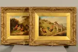 Farmyard Friends, a pair, one with two donkeys and poultry on a coastal path with boats out at sea, the other with a recumbant goat and poultry by Reuben Hunt, 1922, oil, sold Dec 2019