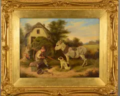 Earning his Keep, rural scene, a young boy cleaning leather tack by Reuben Hunt, 1918, oil on canvas, sold Dec 2019