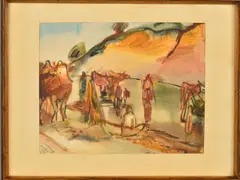 'The River Vah, Slovakia', cattle and figures beside a by Frieda Salvendy, 1937, watercolour, offered Dec 2019
