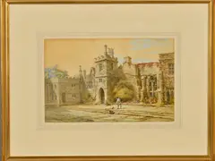'Haddon Hall', a male figure sweeping the courtyard of a grand by Louise Rayner, watercolour, offered Dec 2019