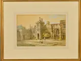 'Haddon Hall', a male figure sweeping the courtyard of a grand by Louise Rayner, watercolour, offered Dec 2019