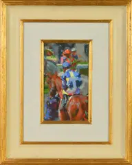 'Jockey at Ascot', a pastel study of horses and jockeys, initialled by Mark Rowbotham, pastel, sold Dec 2019