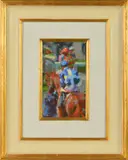 'Jockey at Ascot', a pastel study of horses and jockeys, initialled by Mark Rowbotham, pastel, sold Dec 2019