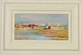 LOW TIDE BEACH III' fishing boats berthed at low tide by Helios Gisbert, acrylic on board, sold Nov 2019