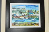 A COASTAL HARBOUR WITH BOATS AND COTTAGES, initialled lower right, impasto acrylic on board, framed, approximate size 30cm x 38cm by Alan Knight, acrylic on board, sold Nov 2019