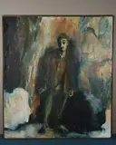 'Great Austerity', a full length study of a man set against a dark by Simon Edmondson, 1986, oil on canvas, sold Oct 2019