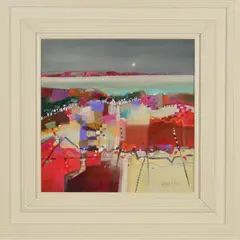 EVENING PATCHWORK' a colourful landscape with the sea in the distance by Emma S Davis, mixed media, sold Oct 2019