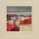 EVENING PATCHWORK' a colourful landscape with the sea in the distance by Emma S Davis, mixed media, sold Oct 2019