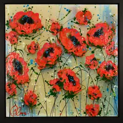 Bursting poppiage by Clare Sykes, acrylic on canvas, sold Oct 2019
