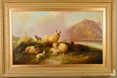 sheep, lambs and a goat in a Highland landscape, loch in the valley below by M. Joyner, oil, sold Oct 2019