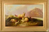 sheep, lambs and a goat in a Highland landscape, loch in the valley below by M. Joyner, oil, sold Oct 2019