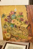 a still life study of a vase of flowers and fruit upon a table, by Stanley Grimm, 1945, oil on board, sold Oct 2019