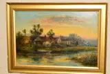 A fishing boat on a river beside a village at sunset by Willian Langley, oil on canvas, sold Oct 2019