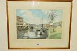 NORWICH YACHT STATION BRIDGE' boats tied up in an urban riverway by Aidan Kirkpatrick, 1973, watercolour on paper, sold Oct 2019
