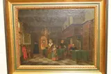 17th Century style Dutch Interior scene with men at tables, mother and daughter walking away looking pensive by Cornelius van der Meer Mohr, oil on panel, sold Jul 2019