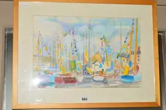 Tall Ships Week Weymouth' sailing boats at their moorings, attribution label verso by Eileen Hemsoll, pastel on paper, sold Jul 2019