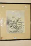 AN IMPERIAL CROWNER' a horse and rider taking a fall at a wooden fence by Peter Biegel, charcoal, sold Jul 2019