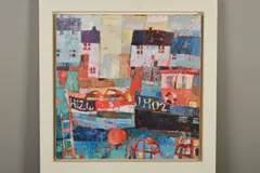 HARBOURSIDE COTTAGES AND BOATS' signed lower left by Sally Anne Fitter, mixed media on canvas, sold Jun 2019