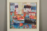 HARBOURSIDE COTTAGES AND BOATS' signed lower left by Sally Anne Fitter, mixed media on canvas, sold Jun 2019