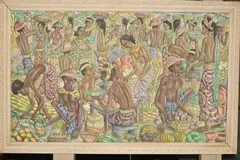 a Balinese market scene of traders selling fruits and preparing food for cooking by Dewa Nyoman Rai, oil on canvas, sold Jun 2019