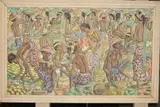 a Balinese market scene of traders selling fruits and preparing food for cooking by Dewa Nyoman Rai, oil on canvas, sold Jun 2019