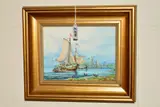 a framed ceramic plaque, handpainted, boating scene, signed bottom right, approximate by S D Nowacki, oil, sold Jun 2019
