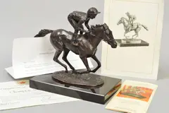 FRSBS, a bronze sculpture of Lester Piggott on Nijinsky 'Champion Finish' commemorating his retirement by Franklin Mint limited to 2500 by David Cornell, bronze, sold Jun 2019
